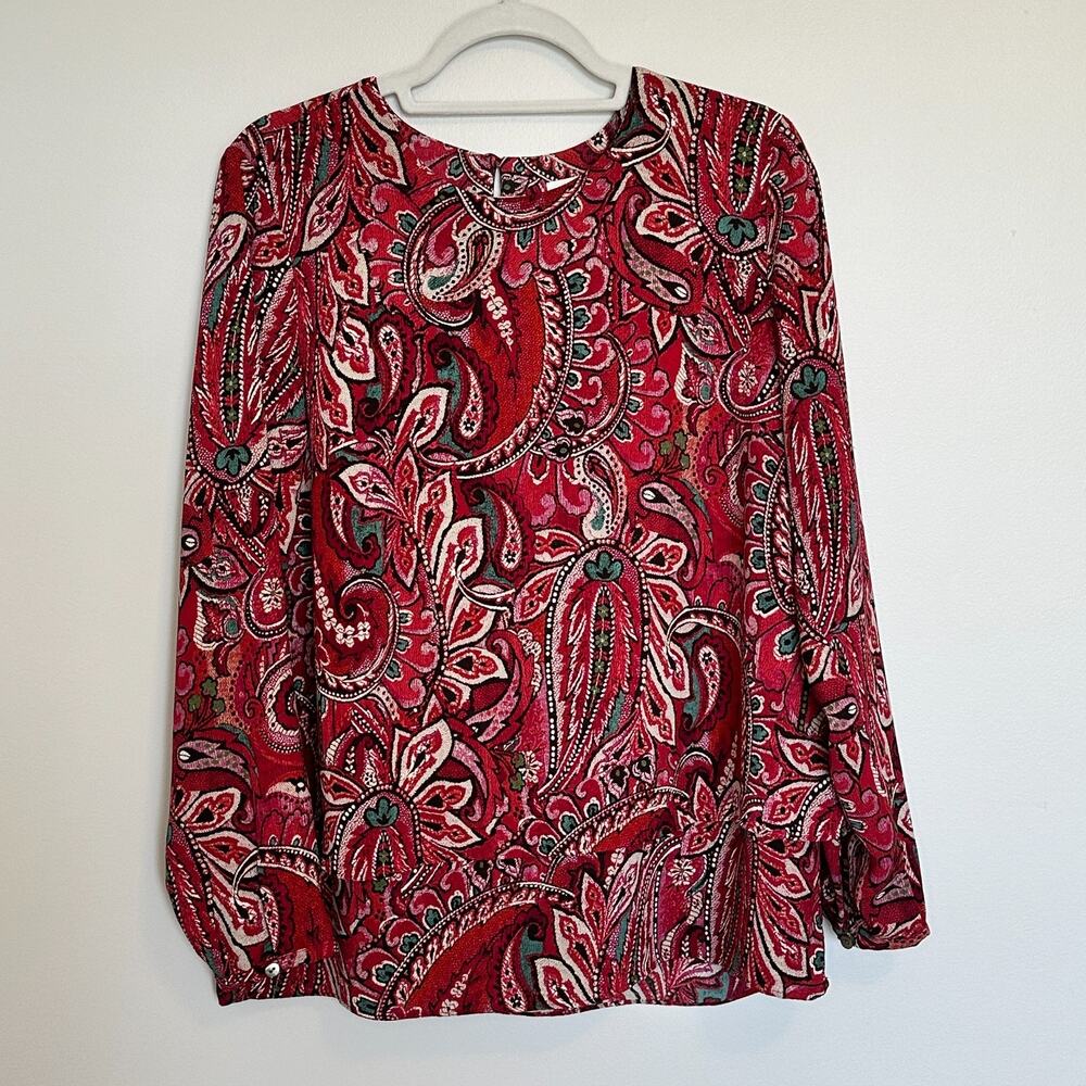 J. Jill Womens Paisley Layered Blouse Size Medium Boho Red Long Sleeve Career